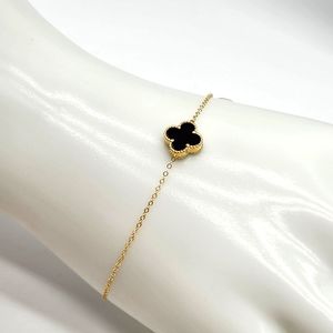 18K Yellow Gold Black Onyx 8mm Clover Bracelet Lightweight Chain Size 6.5 - 7"